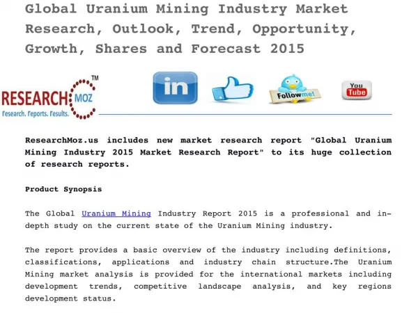 Global Uranium Mining Industry Market Research, Outlook, Trend, Opportunity, Growth, Shares and Forecast 2015