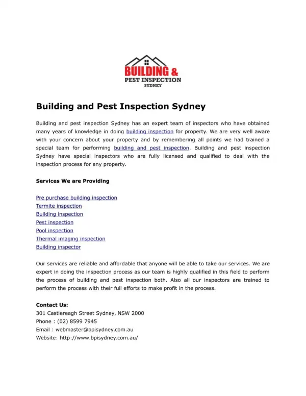 Pest Inspection and Buidling Inspection Service Sydney