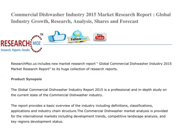 Commercial Dishwasher Industry 2015 Market Research Report : Global Industry Growth, Research, Analysis, Shares and Fore