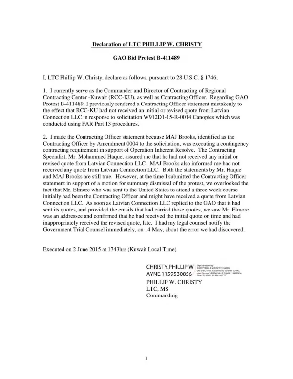 Blog 64 USMC 20150815 W912D1-15-R-0014 ATTCH 3 Tab 2 - Second KO Statement