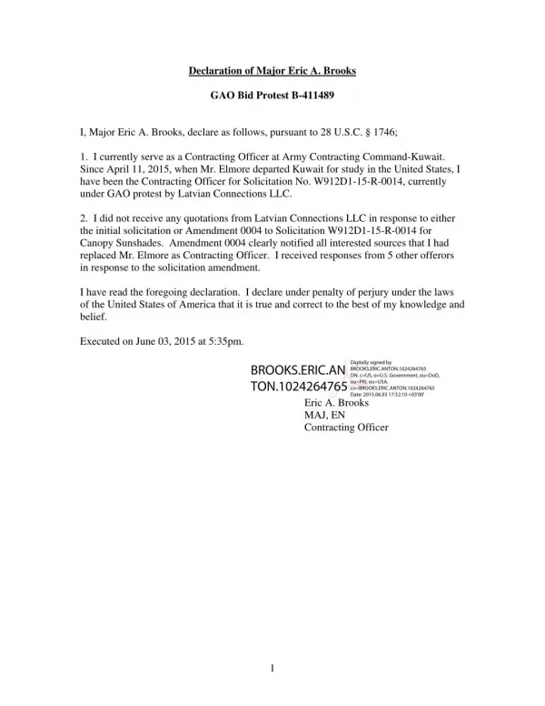 Blog 66 USMC 20150815 W912D1-15-R-0014 ATTCH 5 Tab 17 - Affidavit Of Major Eric Brooks