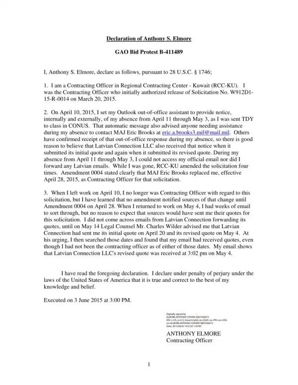 Blog 67 USMC 20150815 W912D1-15-R-0014 ATTCH 6 Tab 18 - Affidavit Of Anthony Elmore- LEFT 10 APRIL 2015