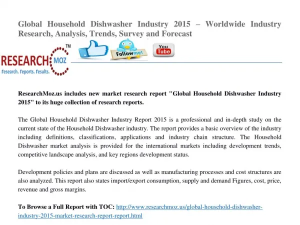 Global Household Dishwasher Industry 2015 – Worldwide Industry Research, Analysis, Trends, Survey and Forecast