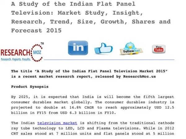 Indian Flat Panel Television: Market Study, Insight, Research, Trend, Size, Growth, Shares and Forecast 2015