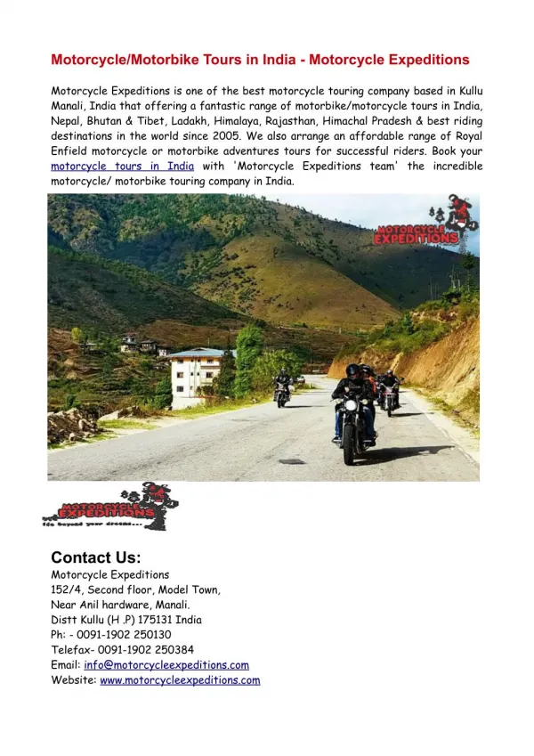 Motorbike/Motorcycle Tours in India - Motorcycle Expeditions