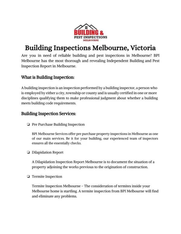 Building And Pest Inspections Condition Reports Melbourne