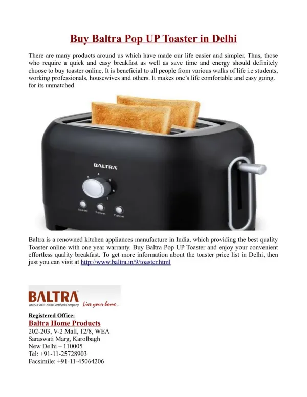 Buy Baltra Pop UP Toaster in Delhi
