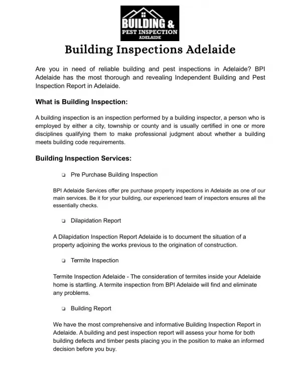 Building And Strata Inspection Report Adelaide