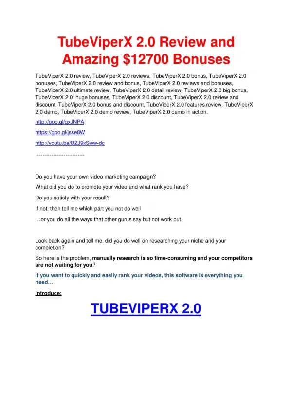 TubeViperX 2.0 review and (COOL) $32400 bonuses