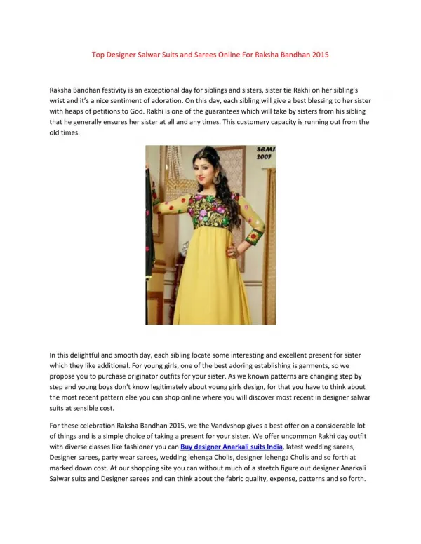 Top Designer Salwar Suits and Sarees Online For Raksha Bandhan 2015