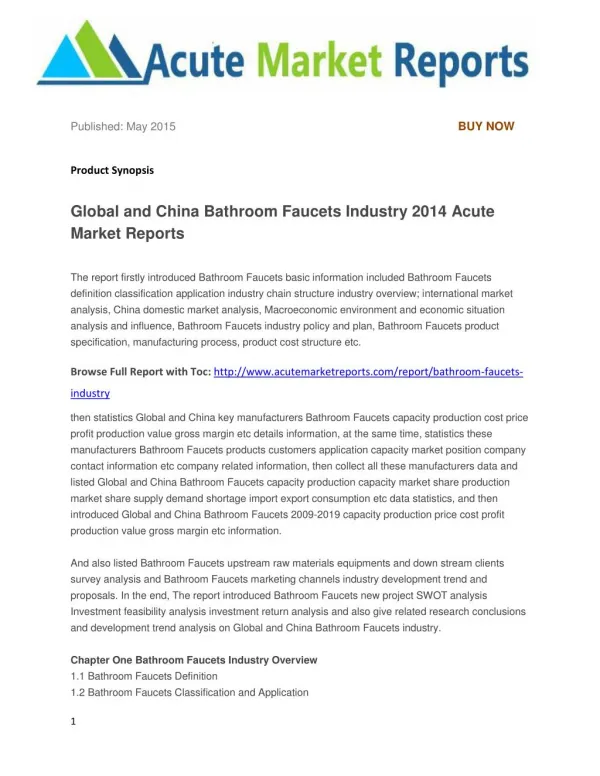 Global and China Bathroom Faucets Industry 2014 Acute Market Reports