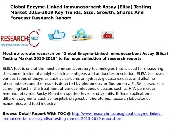 Global Enzyme-Linked Immunosorbent Assay (Elisa) Testing Market 2015-2019