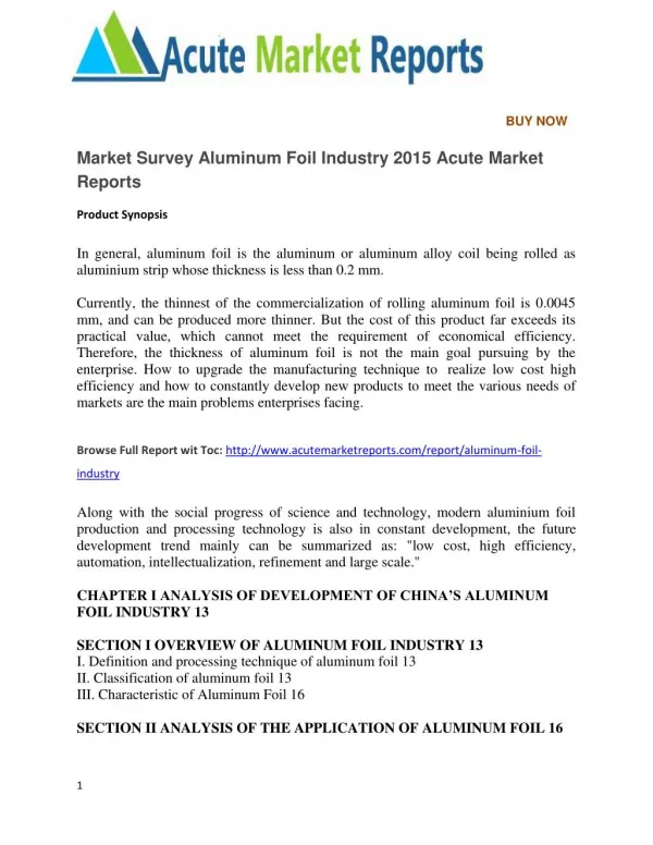 Market Survey Aluminum Foil Industry 2015 Acute Market Reports