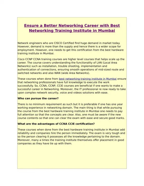 Ensure a Better Networking Career with Best Networking Training Institute in Mumbai