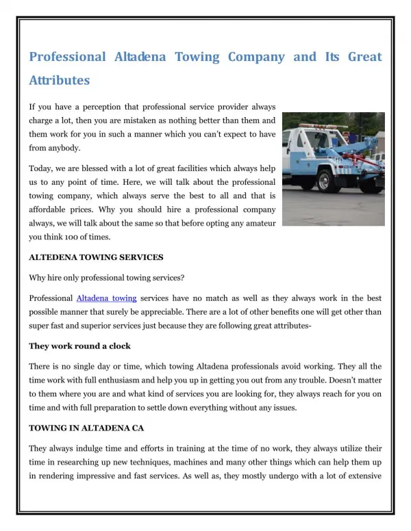 Professional Altadena Towing Company and Its Great Attributes