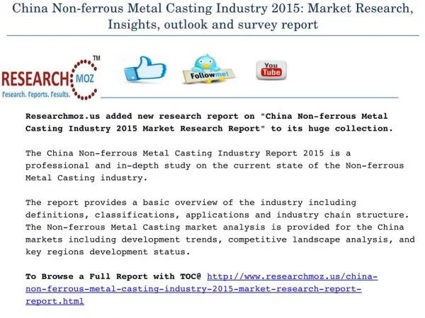 China Non-ferrous Metal Casting Industry 2015 Market Research Report