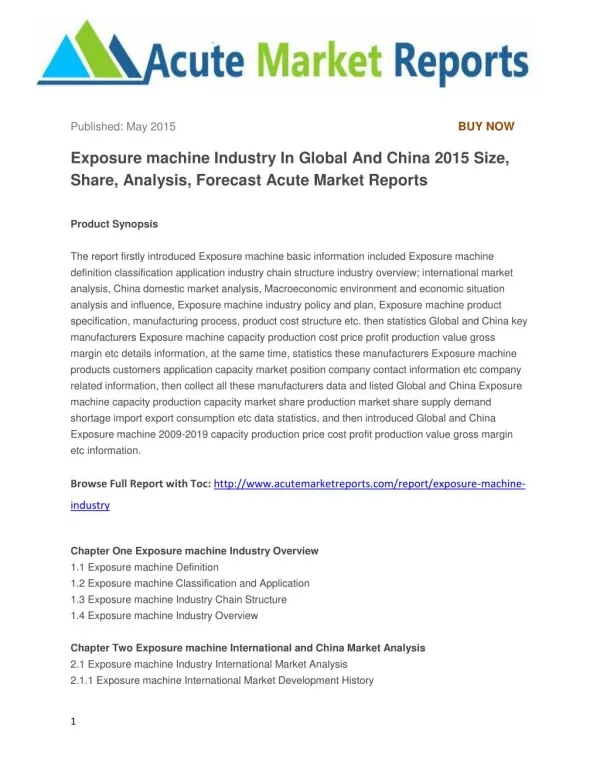 Exposure machine Industry In Global And China 2015 Size, Share, Analysis, Forecast Acute Market Reports