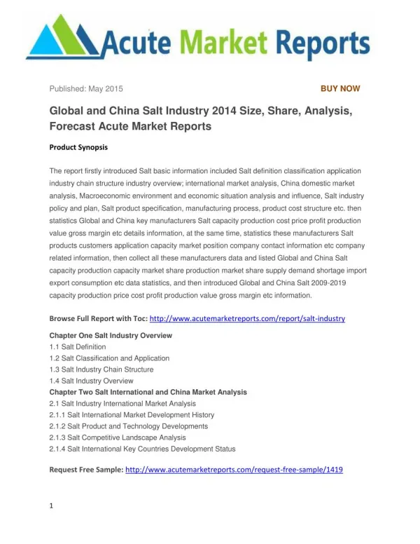 Global and China Salt Industry 2014 Size, Share, Analysis, Forecast Acute Market Reports