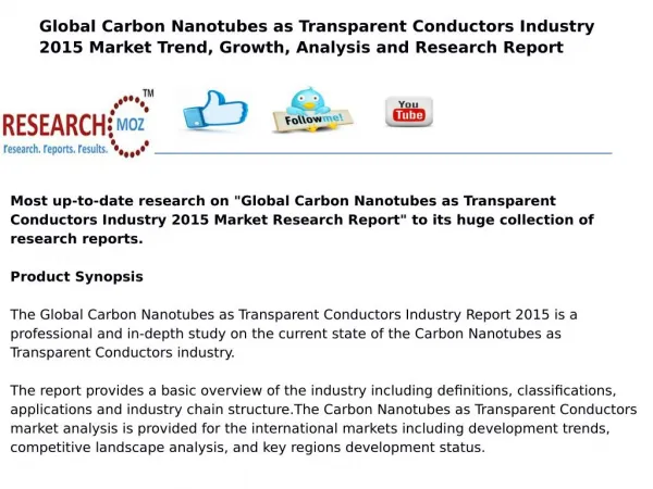 Global Carbon Nanotubes as Transparent Conductors Industry 2015 Market Research Report