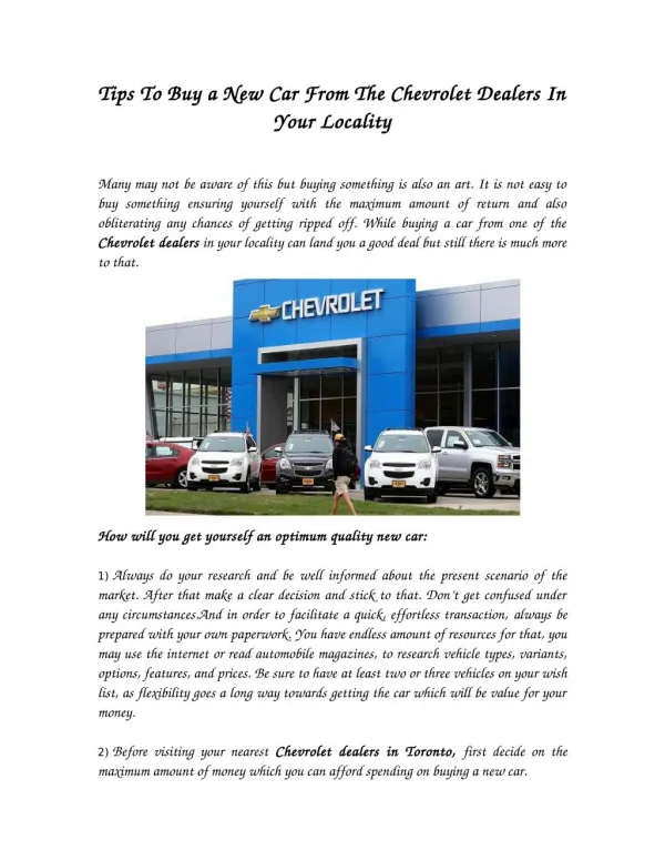 Tips To Buy a New Car From The Chevrolet Dealers In Your Locality