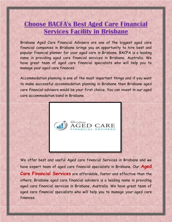 Choose BACFA's Best Aged Care Financial Services Facility in Brisbane