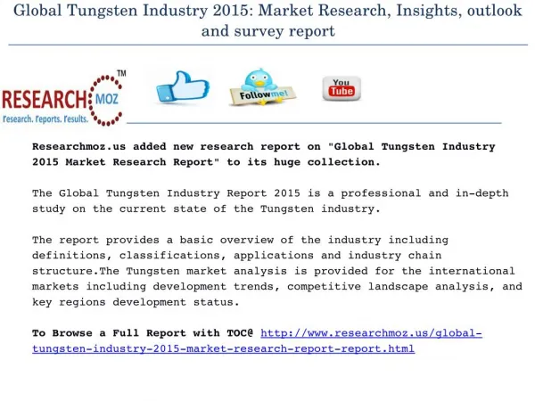 Global Tungsten Industry 2015 Market Research Report