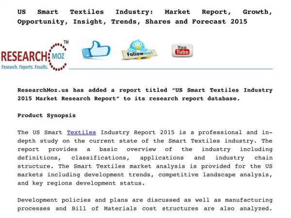 US Smart Textiles Industry: Market Report, Growth, Opportunity, Insight, Trends, Shares and Forecast 2015