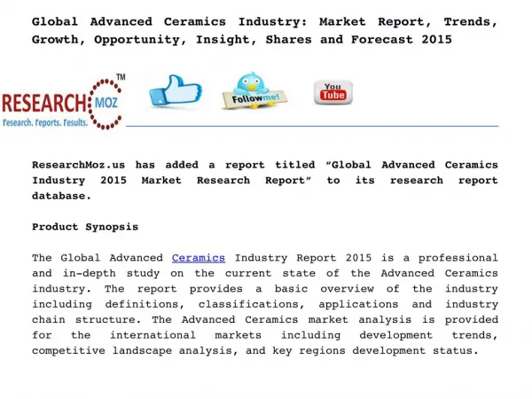 Global Advanced Ceramics Industry: Market Report, Trends, Growth, Opportunity, Insight, Shares and Forecast 2015