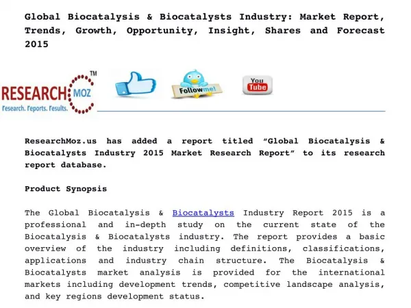 Global Biocatalysis & Biocatalysts Industry: Market Report, Trends, Growth, Opportunity, Insight, Shares and Forecast 20