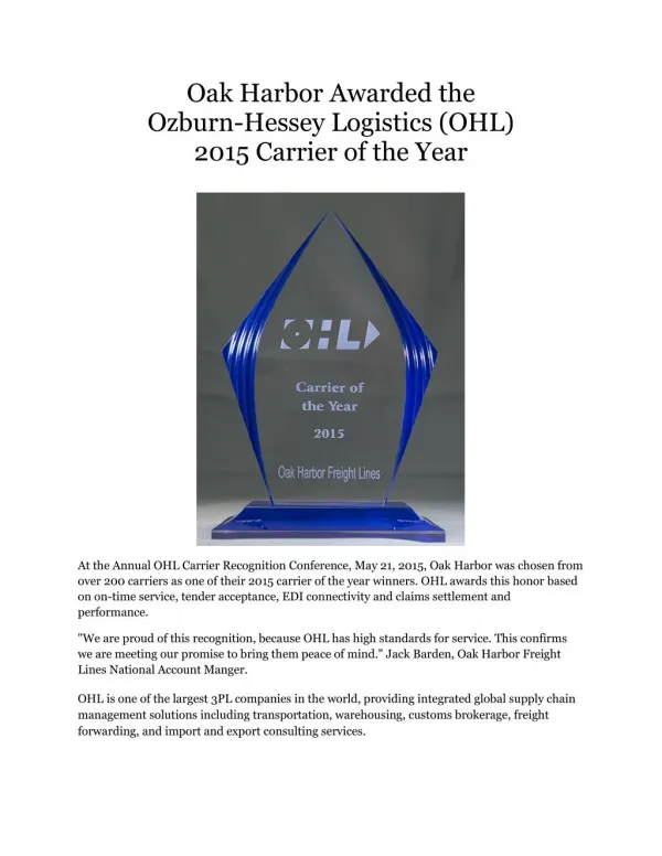 Oak Harbor Awarded the Ozburn-Hessey Logistics (OHL) 2015 Carrier of the Year