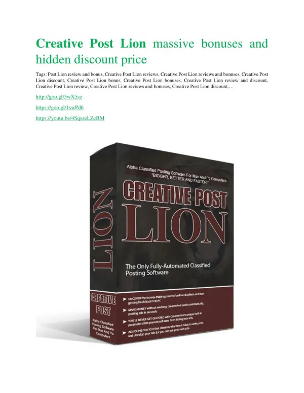 Creative Post Lion REVIEW and GIANT $21600 bonuses