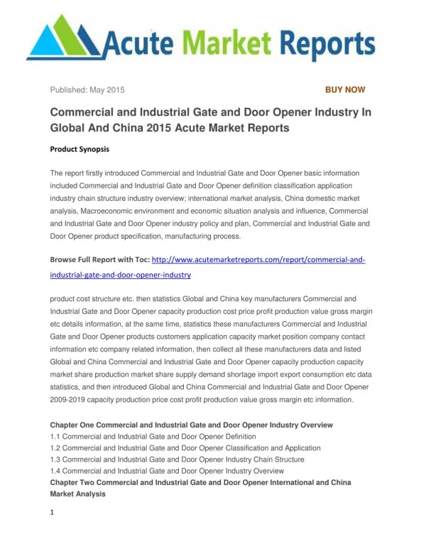 Commercial and Industrial Gate and Door Opener Industry In Global And China 2015 Acute Market Reports