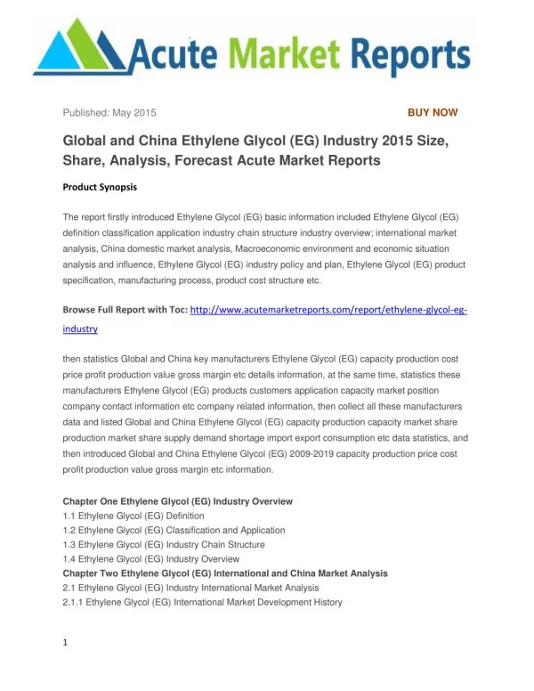 Global and China Ethylene Glycol (EG) Industry 2015 Size, Share, Analysis, Forecast Acute Market Reports