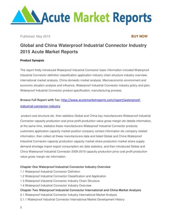 Global and China Waterproof Industrial Connector Industry 2015 Acute Market Reports