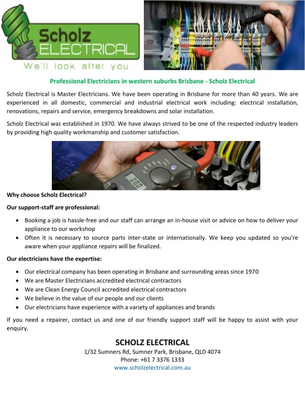 Professional electricians in western suburbs brisbane scholz electrical