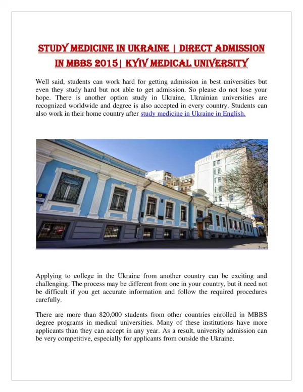 Study Medicine in Ukraine | Direct Admission in MBBS 2015| Kyiv Medical University
