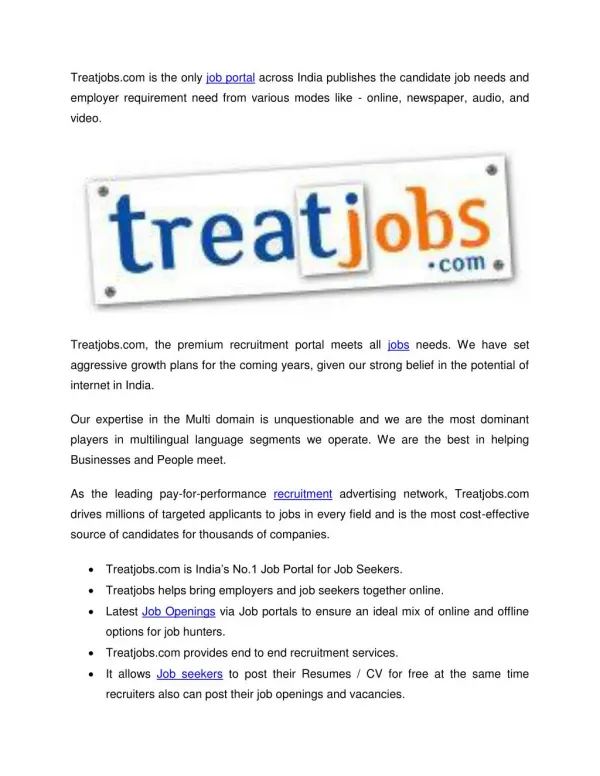 Job openings in chennai - Freshers walkins in chennai @ Treatjobs.com