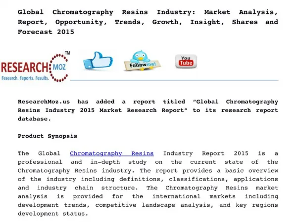 Global Chromatography Resins Industry 2015 Market Research Report