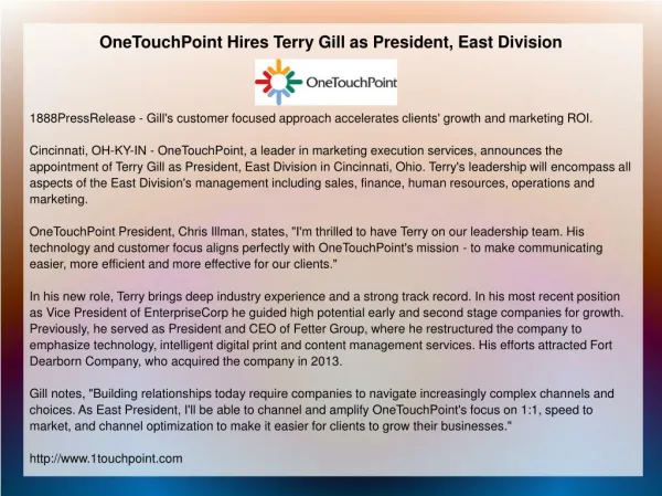 OneTouchPoint Hires Terry Gill as President, East Division