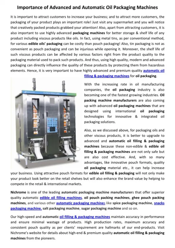 Importance of Advanced and Automatic Oil Packaging Machines
