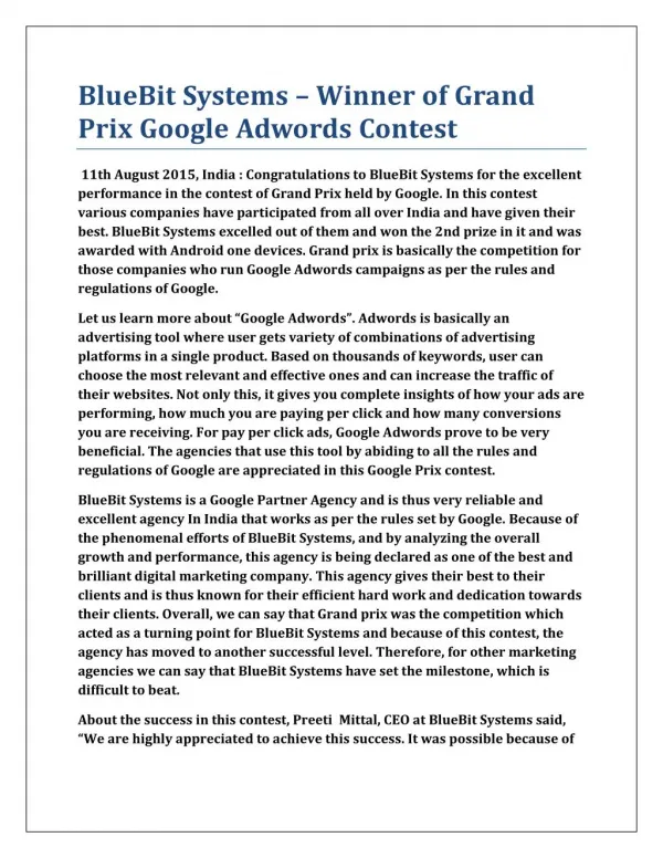BlueBit Systems – Winner of Grand Prix Google Adwords Contest