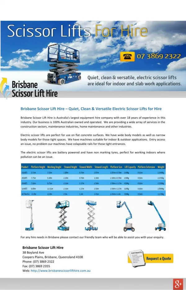 Brisbane Scissor Lift Hire – Quiet, Clean & Versatile Electric Scissor Lifts for Hire