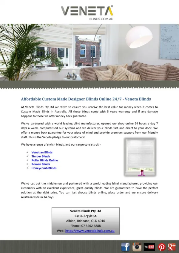 Affordable Custom Made Designer Blinds Online 24/7 - Veneta Blinds