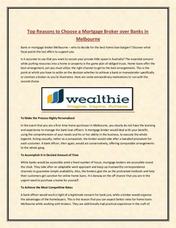 Wealthie - Top Reasons to Choose a Mortgage Broker over Banks in Melbourne
