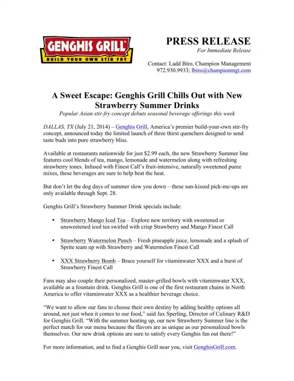 A Sweet Escape: Genghis Grill Chills Out with New Strawberry Summer Drinks