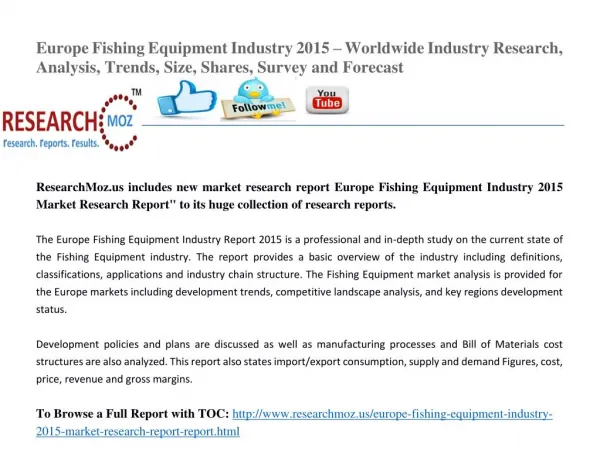 Europe Fishing Equipment Industry 2015 – Worldwide Industry Research, Analysis, Trends, Size, Shares, Survey and Forecas