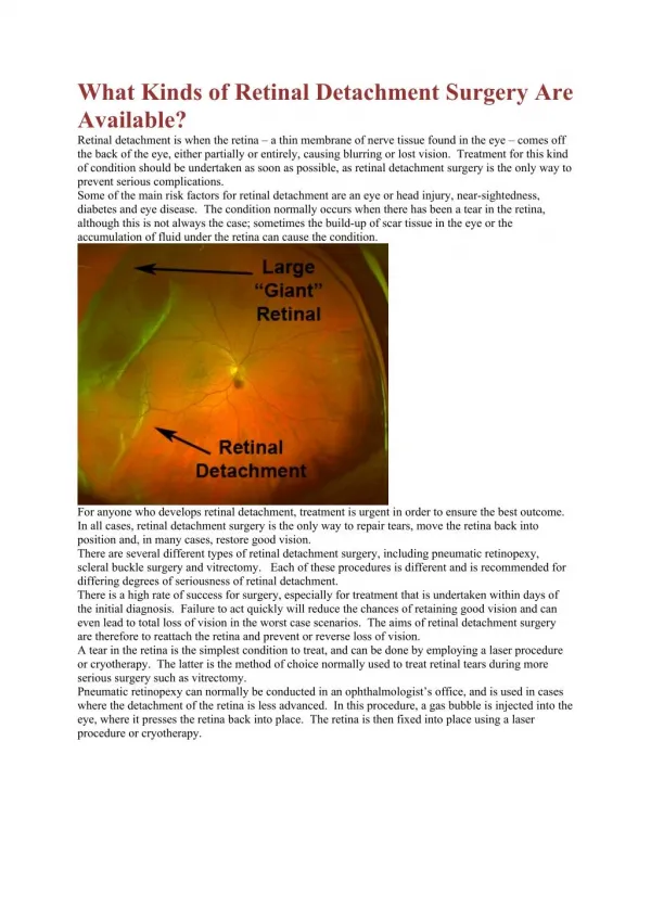 What Kinds of Retinal Detachment Surgery Are Available?