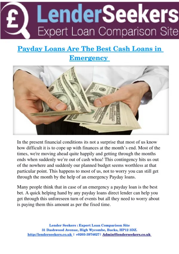 Payday Loans Are The Best Cash Loans in Emergency