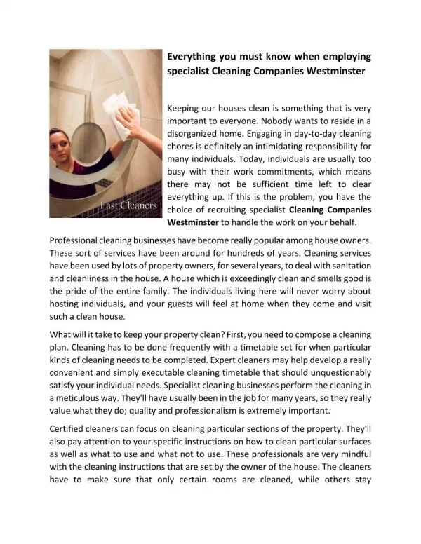 Everything you must know when employing specialist Cleaning Companies Westminster