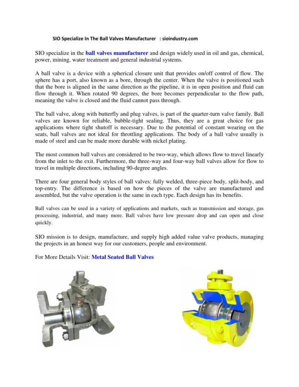 Metal Seated Ball Valves - SIO Industry